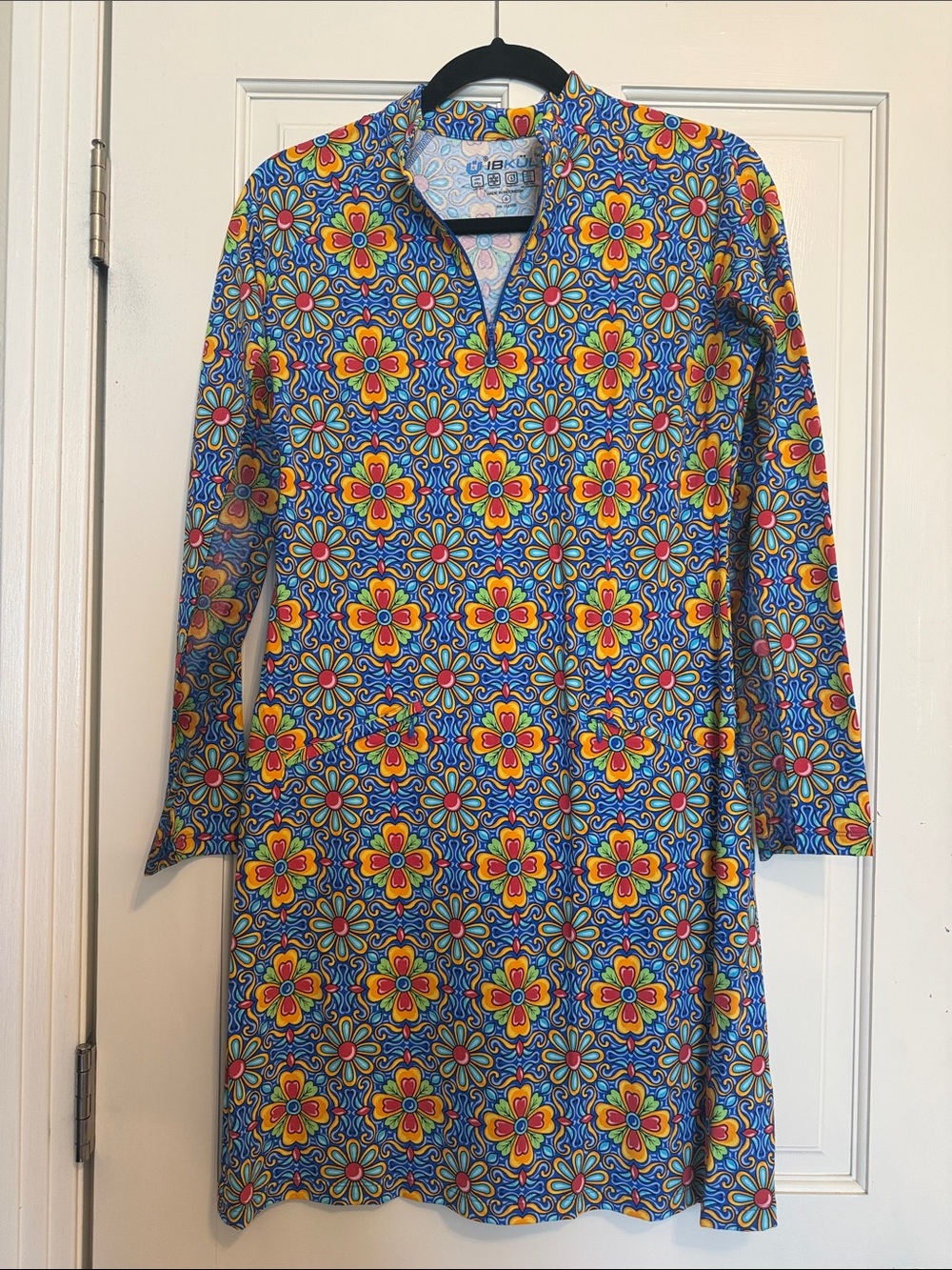 IBKUL Blue Multi-Color Floral Long Sleeve Golf Dress